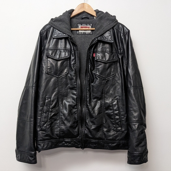 Levi's Mens Black Faux Leather Gray Hoodie Lined Full ZipTrucker